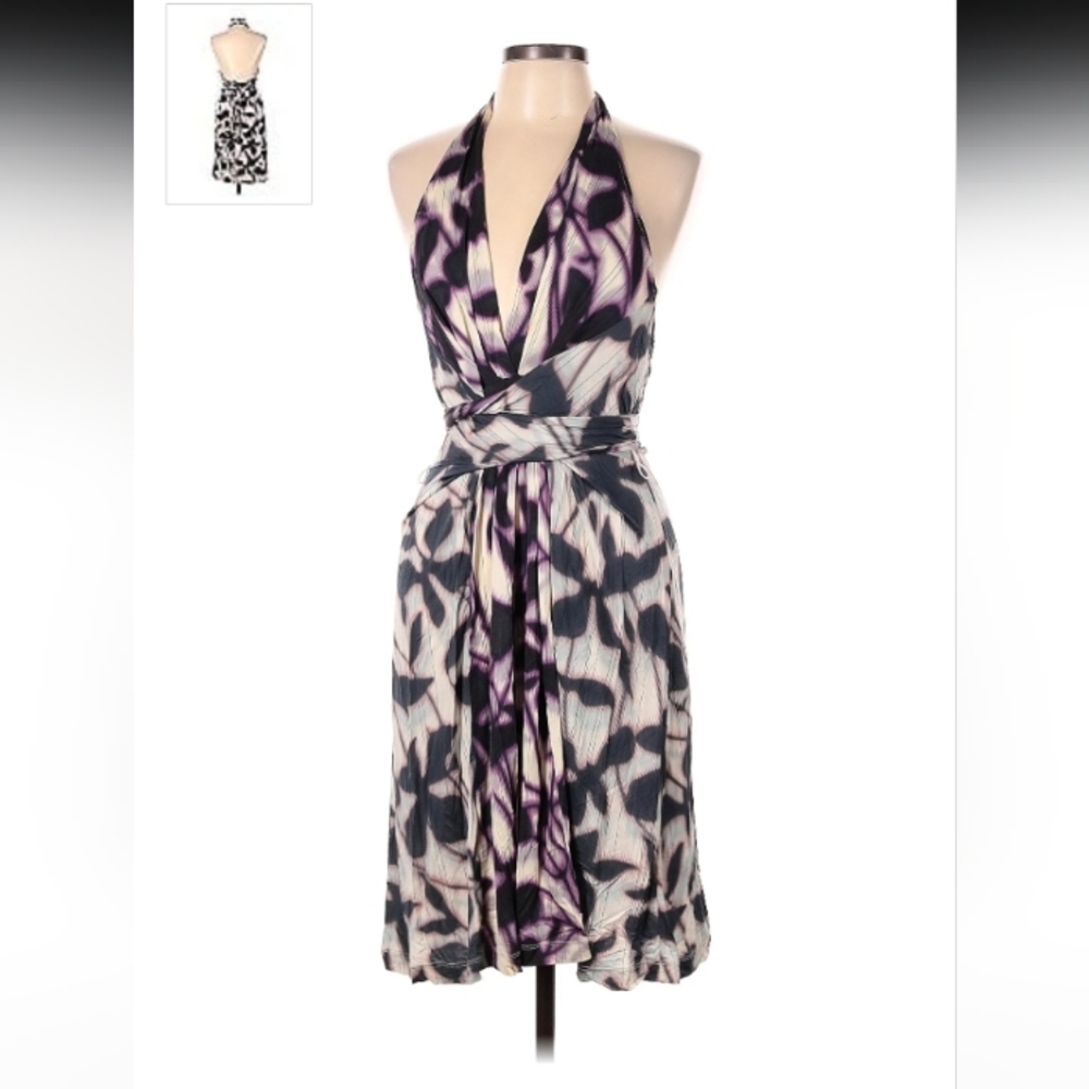BCBG stunning small, backless, drapey, deep v, halter wrap dress worn 1x